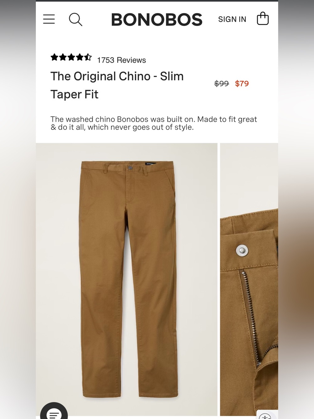 Bonobos Men's Dark Khaki Casual Chino Pants - Size 32/30
